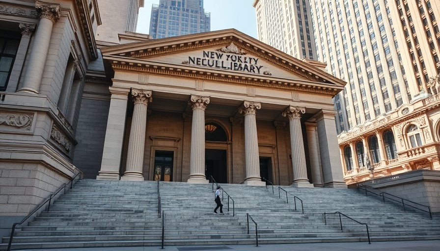 Grand architecture of New York Public Library entrance, impact depicted.