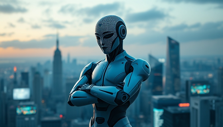 AI governance innovation for enterprises visualized with a binary code humanoid in a digital city.