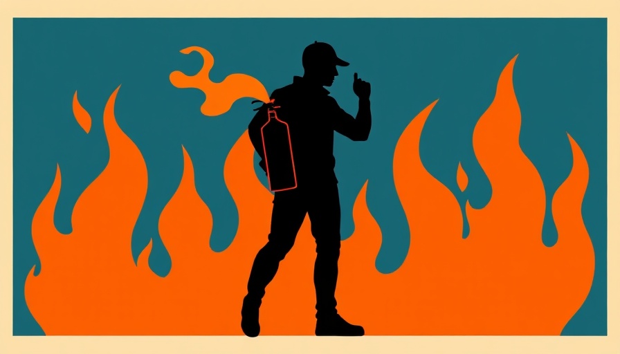 Abstract art depicting a figure with a fire extinguisher facing flames, Duke White Lotus Response.