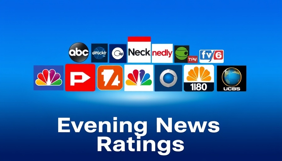 Evening News Ratings logos including ABC, CBS, and NBC on a blue background.