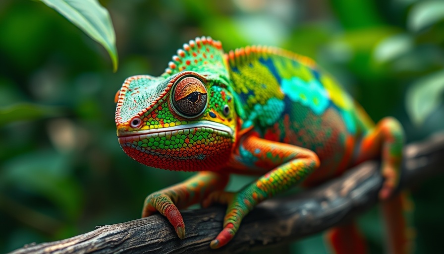 Vivid chameleon perched on branch, ChatGPT image generator example.