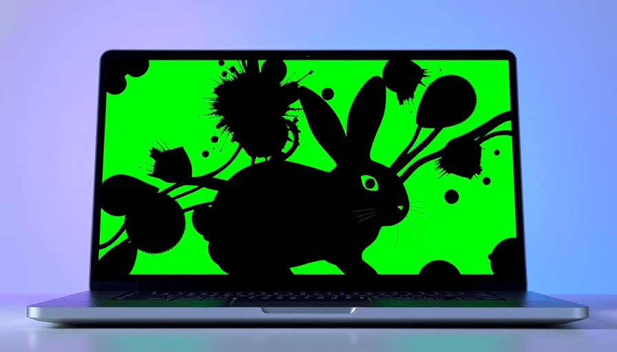 Laptop screen with rabbit image on neon green background.