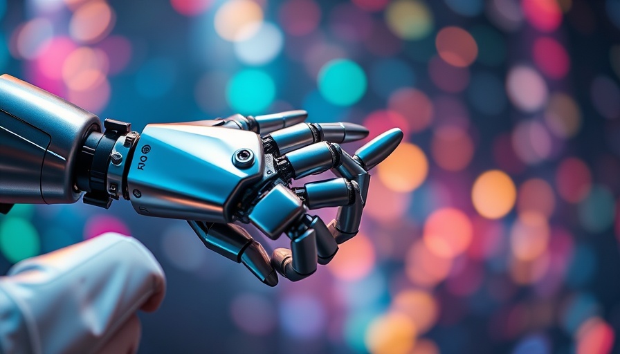 Futuristic robotic and human handshake representing digital transformation.