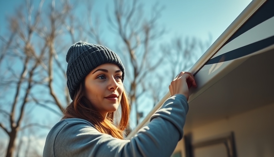 Woman sealing RV roof in spring sunlight, RV upgrades spring.