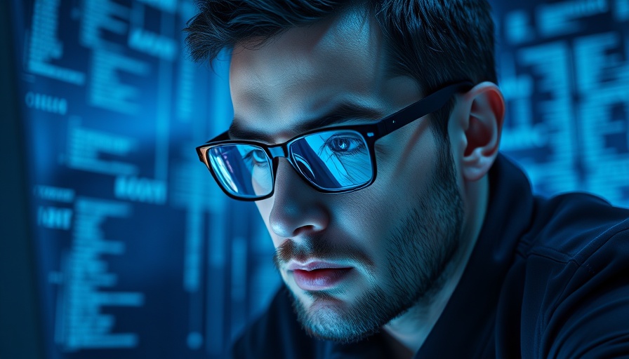 Focused man working on cybersecurity with digital code overlay.