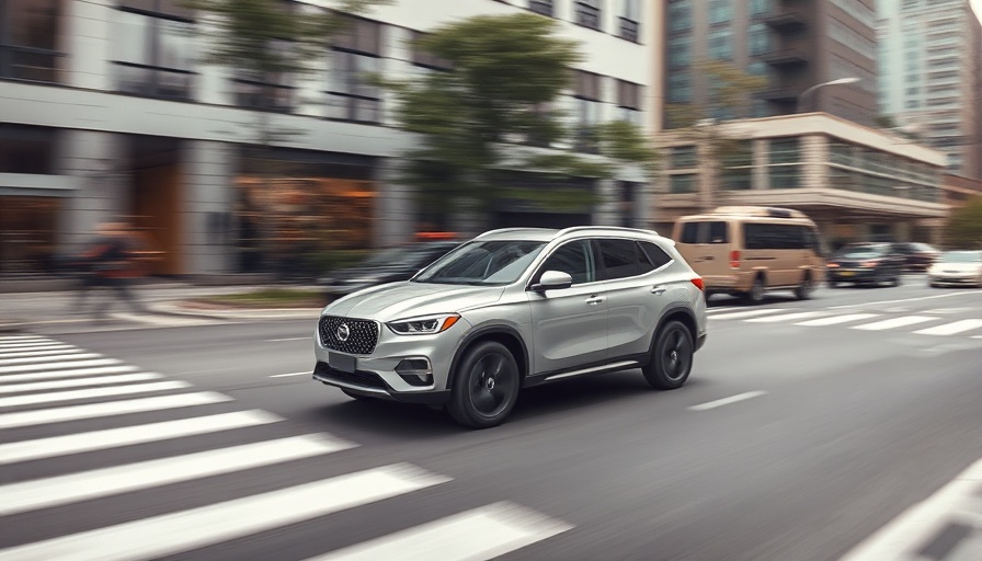 Dynamic SUV driving through city streets, showcasing modern urban mobility.