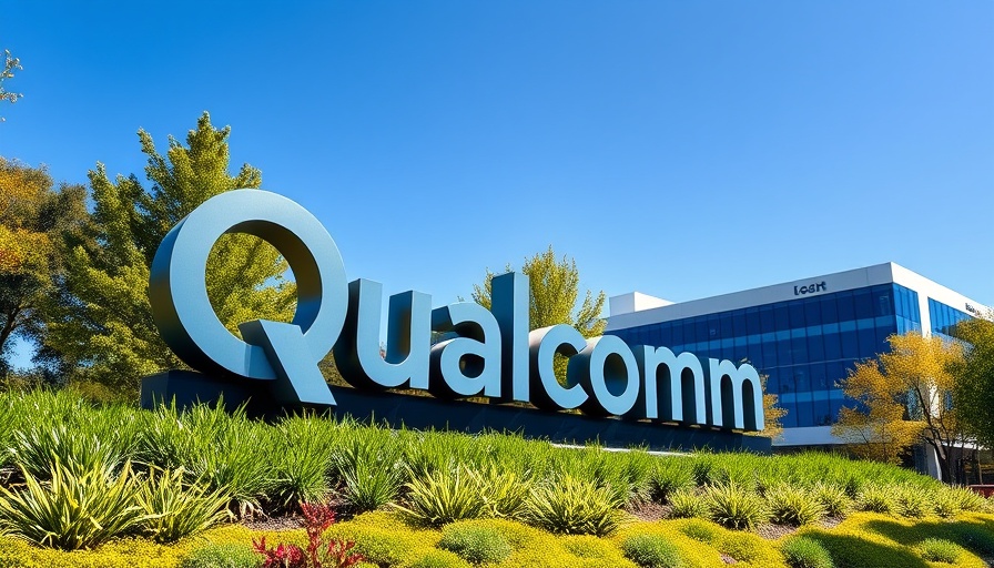 Qualcomm logo sign at headquarters, sunny day.
