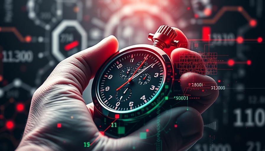 Abstract AI model evaluation concept with stopwatch and data symbols.