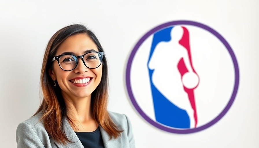 Professional woman with glasses smiling next to NBA logo, DEI in Business.