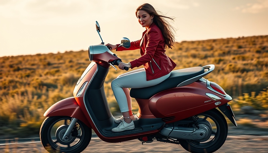 AI tools Premiere Pro interface with confident woman riding scooter in field.