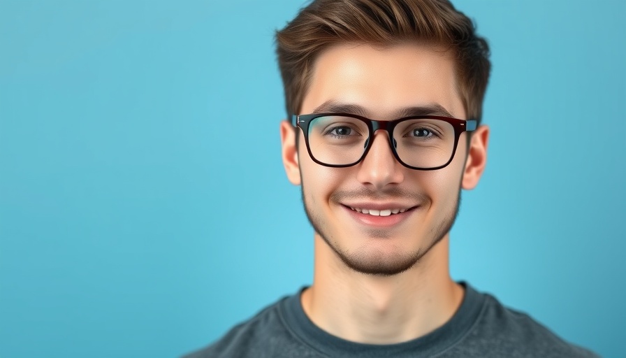 Young man smiling against a plain blue background, aligning generative AI with technical standards.
