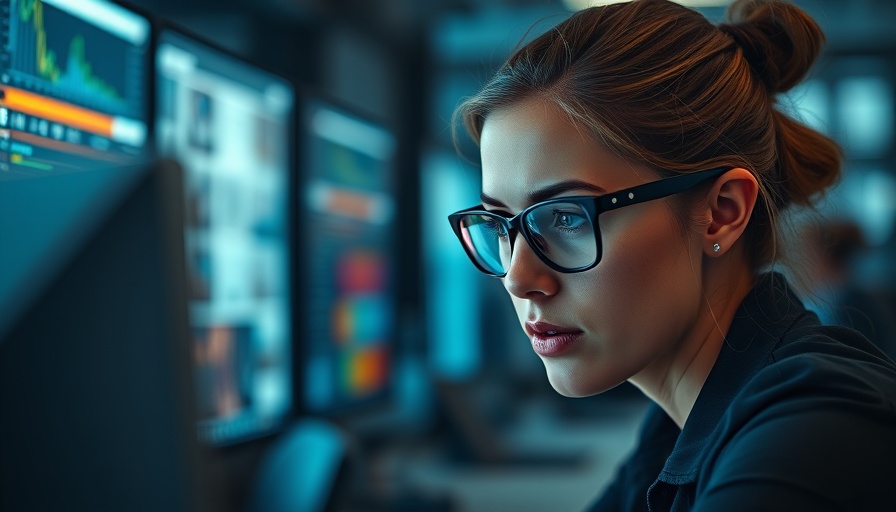Focused woman working on computer in dimly lit office, surrounded by monitors, illustrates agentic AI in business transformation.