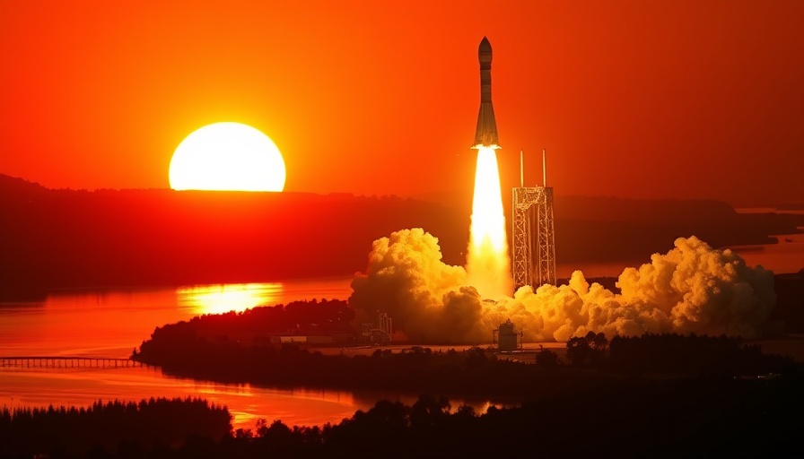 Rocket launch at sunset with sun and reflected river, SpaceX competition.