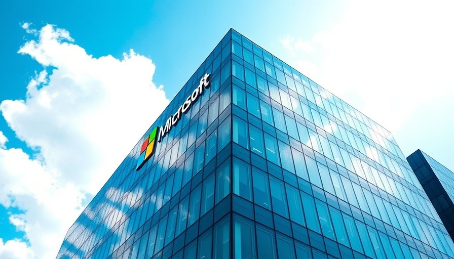 Microsoft office building reflecting sky, highlighting 'Free AI training from Microsoft'.