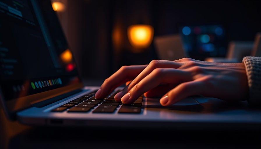 Hand typing on laptop in dimly lit room, emphasizing AI privacy integration in business.
