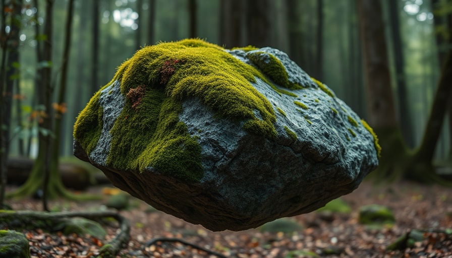 Moss-covered boulder with metadata in forest environment, showcasing 3D asset tagging automation in gaming.