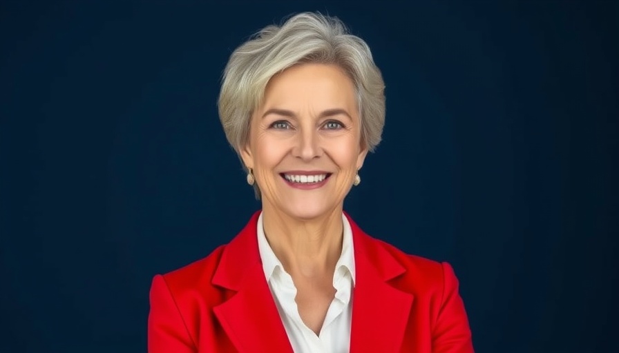Confident woman in red blazer, symbolizing AI integration in business leadership