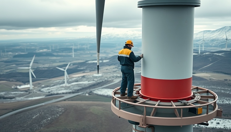 Technicians inspect wind turbine in hilly landscapes for AI and drone use.