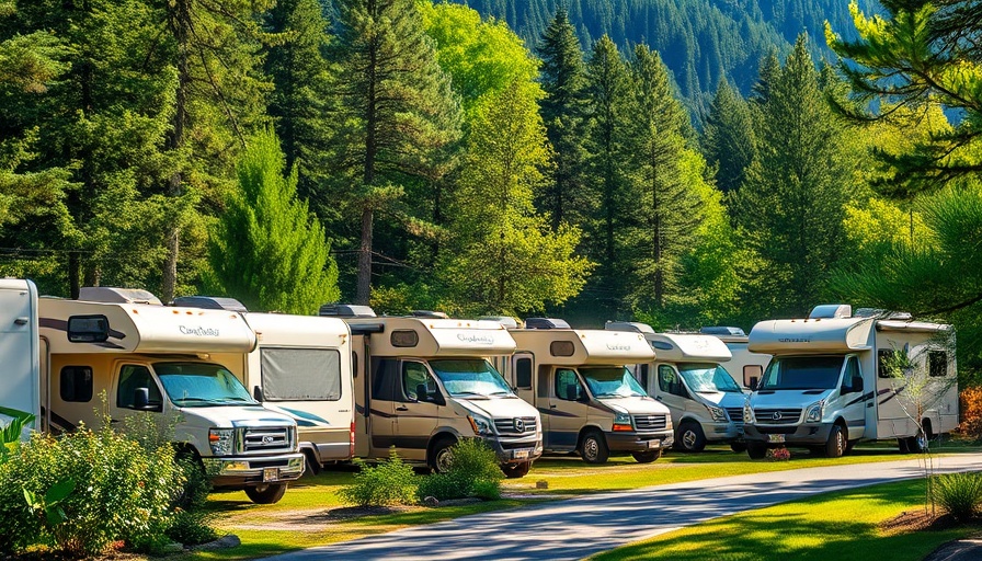 Row of RVs in a lush wooded setting, RV Owner Success Story.