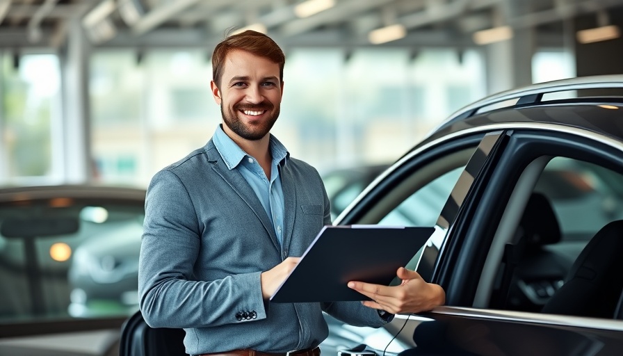Smiling car salesman in showroom showcasing human side of car sales.