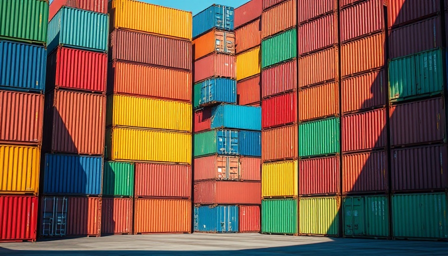 Stacked shipping containers under blue sky, illustrating trade and tariffs.