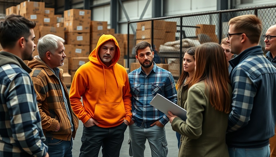Group of colleagues, one in an orange hoodie, discussing in a warehouse.