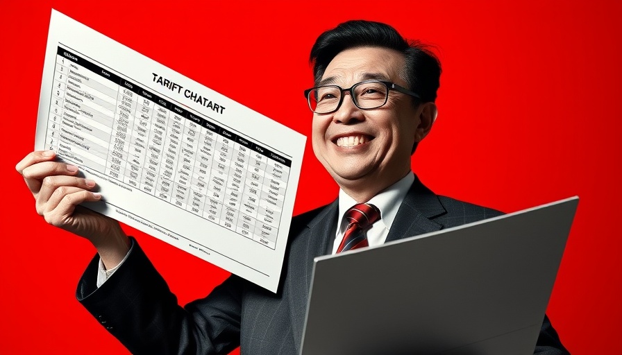 Pop art style politician with tariff chart in red background.
