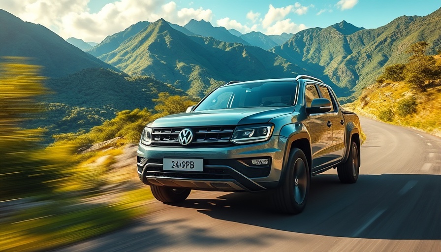 Volkswagen's new pick-up truck in scenic South America landscape.