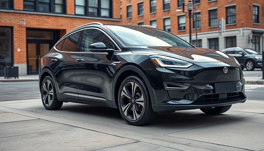 Sleek black electric car parked in a city, showcasing remote-driven technology.
