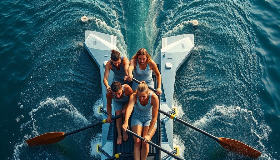 Synchronized rowing team demonstrating leadership excellence on calm waters.