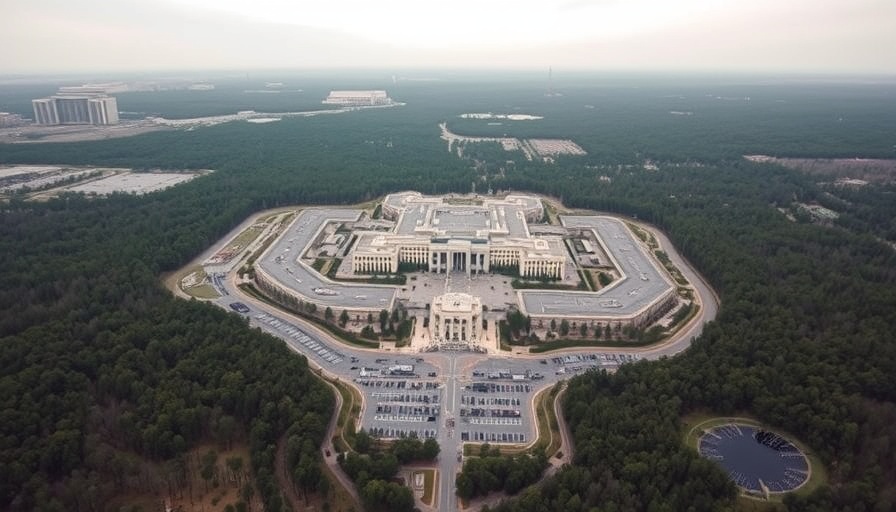 NSA headquarters aerial view, surrounded by forest and parking.