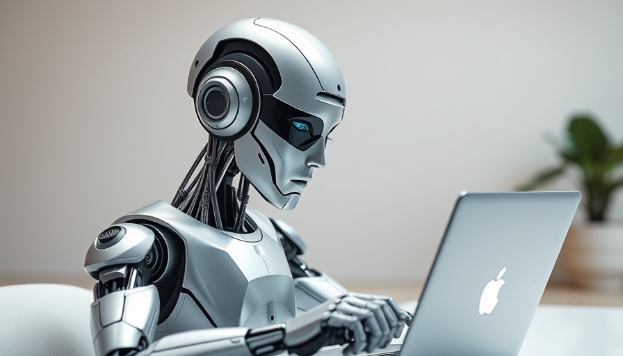 Futuristic robot engaging with a laptop, showcasing generative AI in data analytics.