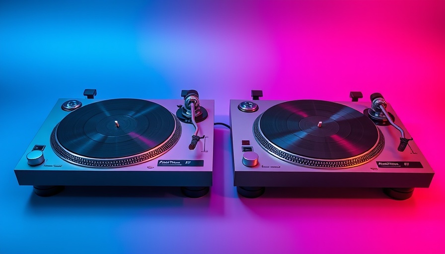 Two modern turntables on vibrant blue and pink gradient.