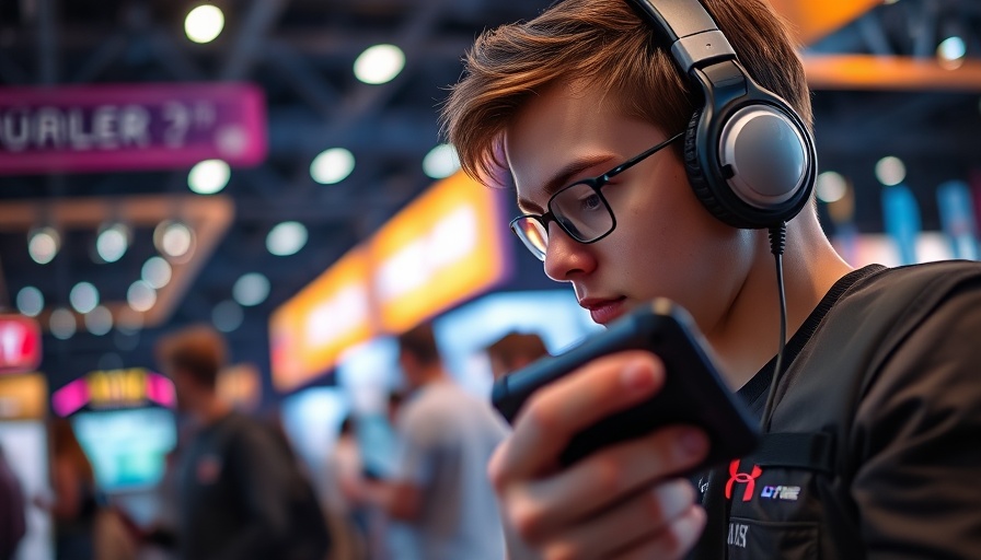 Gamer playing on handheld console at event, showcasing games.