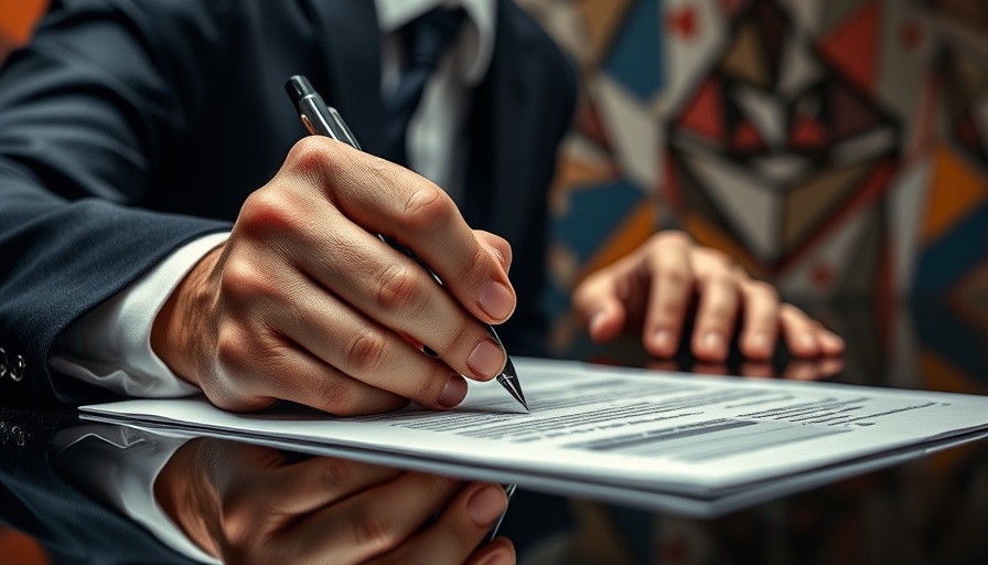 Close-up of formal document signing, abstract backdrop.