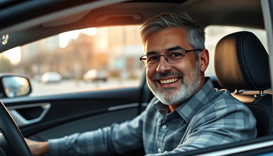 Middle-aged man in car with advanced security features, smiling.