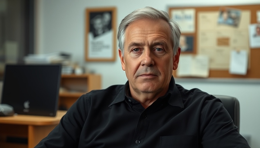Older man in office setting with bulletin board.
