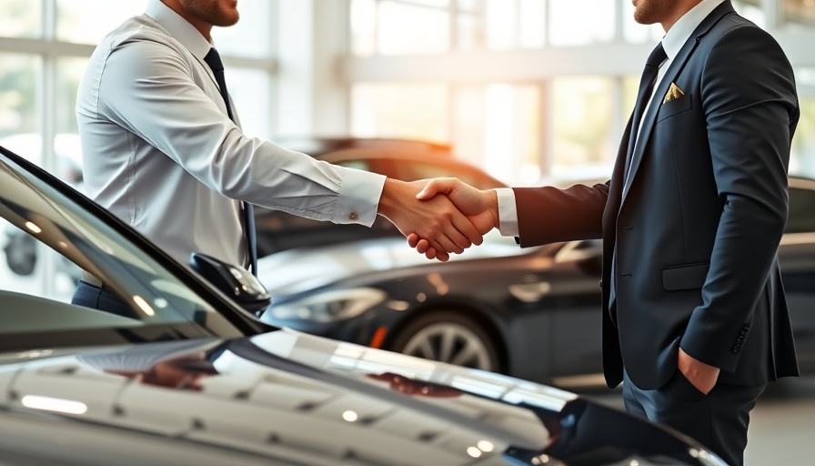 Business professionals sealing a deal at car dealership, 'Profit Comply Selling System'.