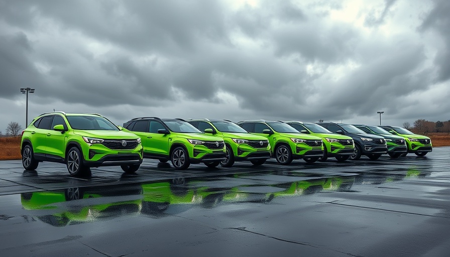Bright neon SUVs at automotive training center parking.