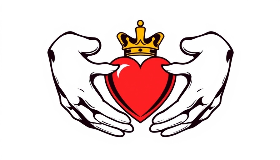 Claddagh symbol with a heart, hands, and crown illustration