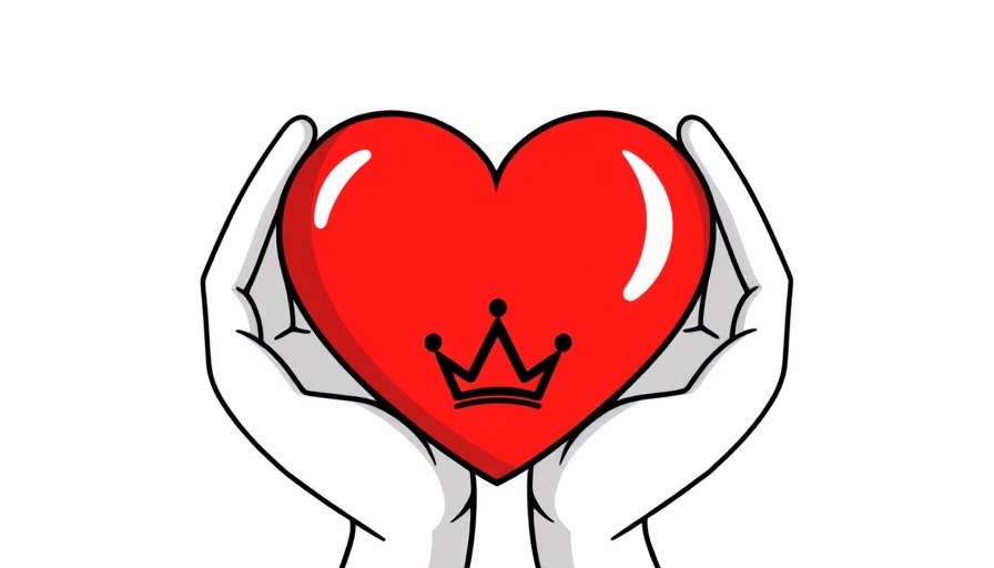 Stylized heart illustration with hands and crown in bold colors.