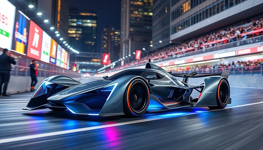 Futuristic electric Formula E racing car on urban track, dynamic scene.