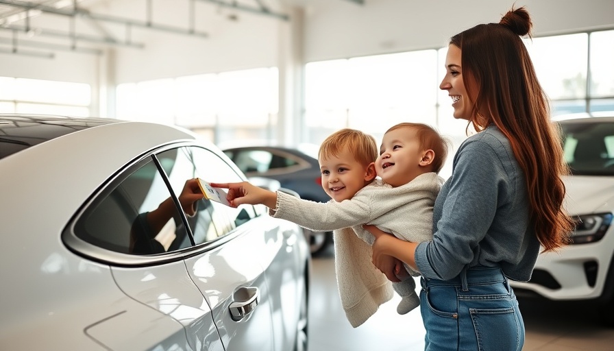 Mother and child exploring car deals at a dealership.