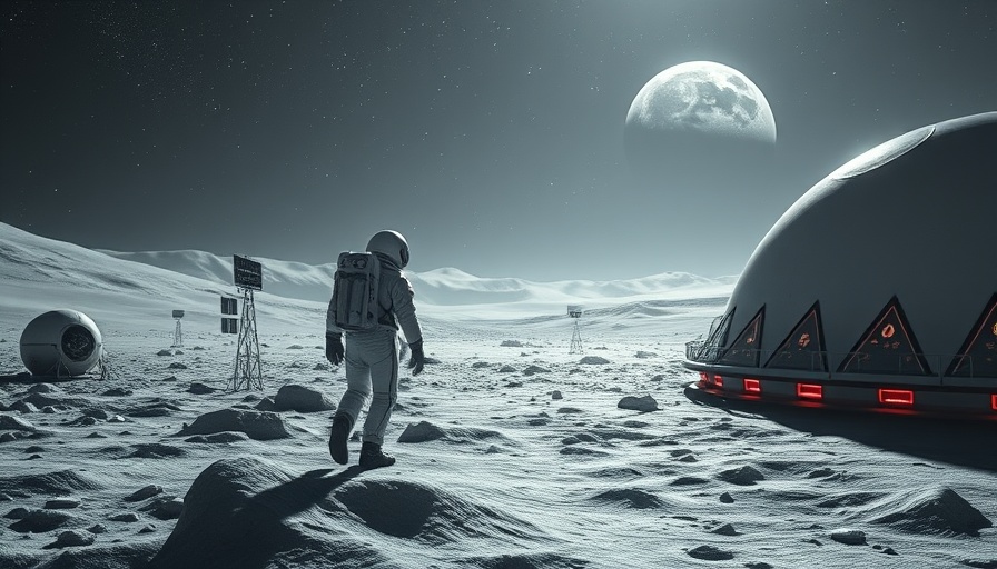 Futuristic lunar base with moonglass solar panels and astronaut.