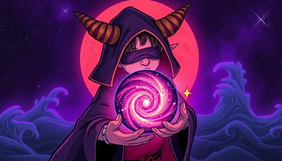 Illustrative cosmic figure examining orbiting galaxies, Limits of Predictability in Business theme.