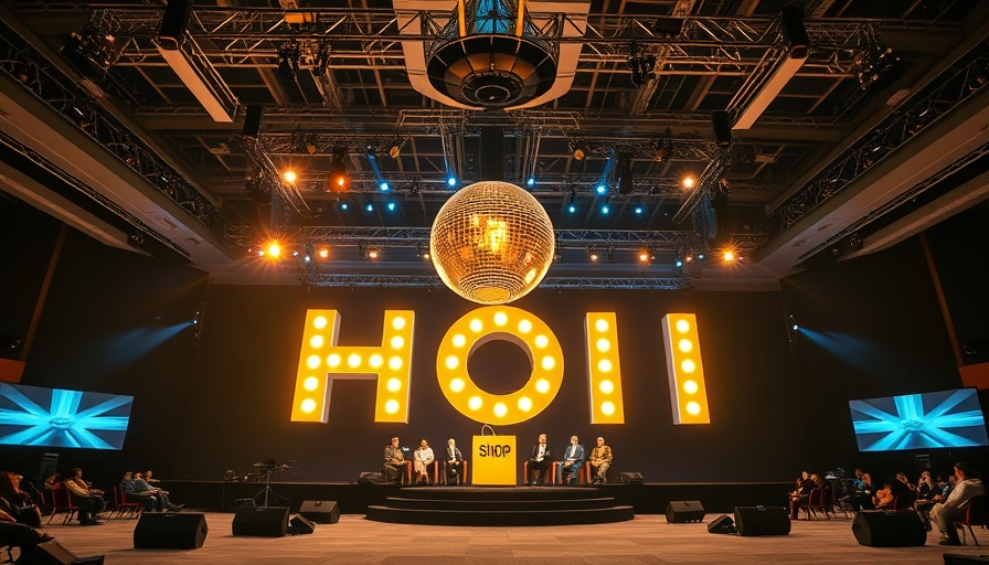 AI in retail marketing conference stage with glowing letters and panel discussion.