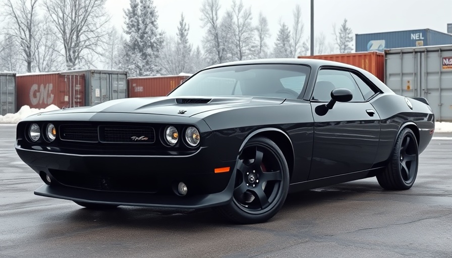 Classic muscle car with bold grille in a snowy setting.