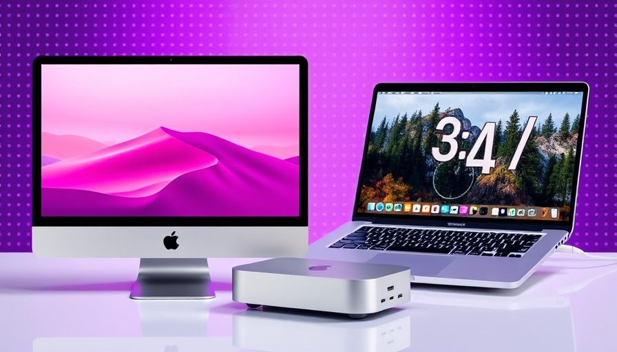 Collage of best Apple desktop computers 2025 with dotted purple background.