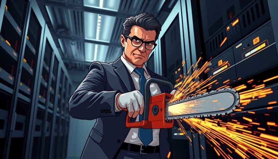 Man using chainsaw on server rack in futuristic room, IRS data API concept, cartoon.