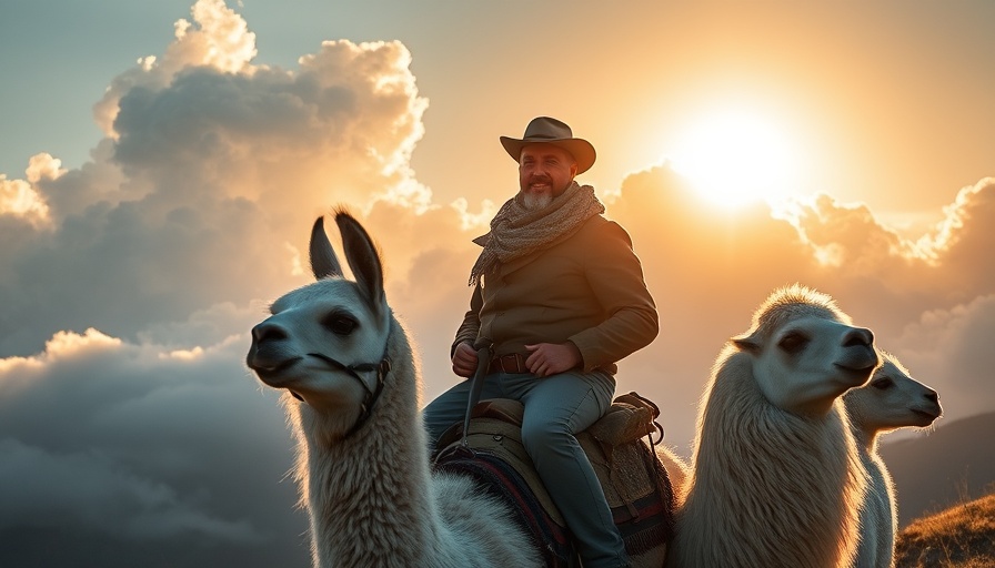 Llama rider with red cape under fluffy clouds, showcasing adventure.